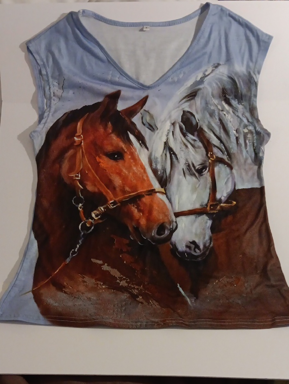 Women’s Horse Print V-Neck Top in Light Blue and Brown
